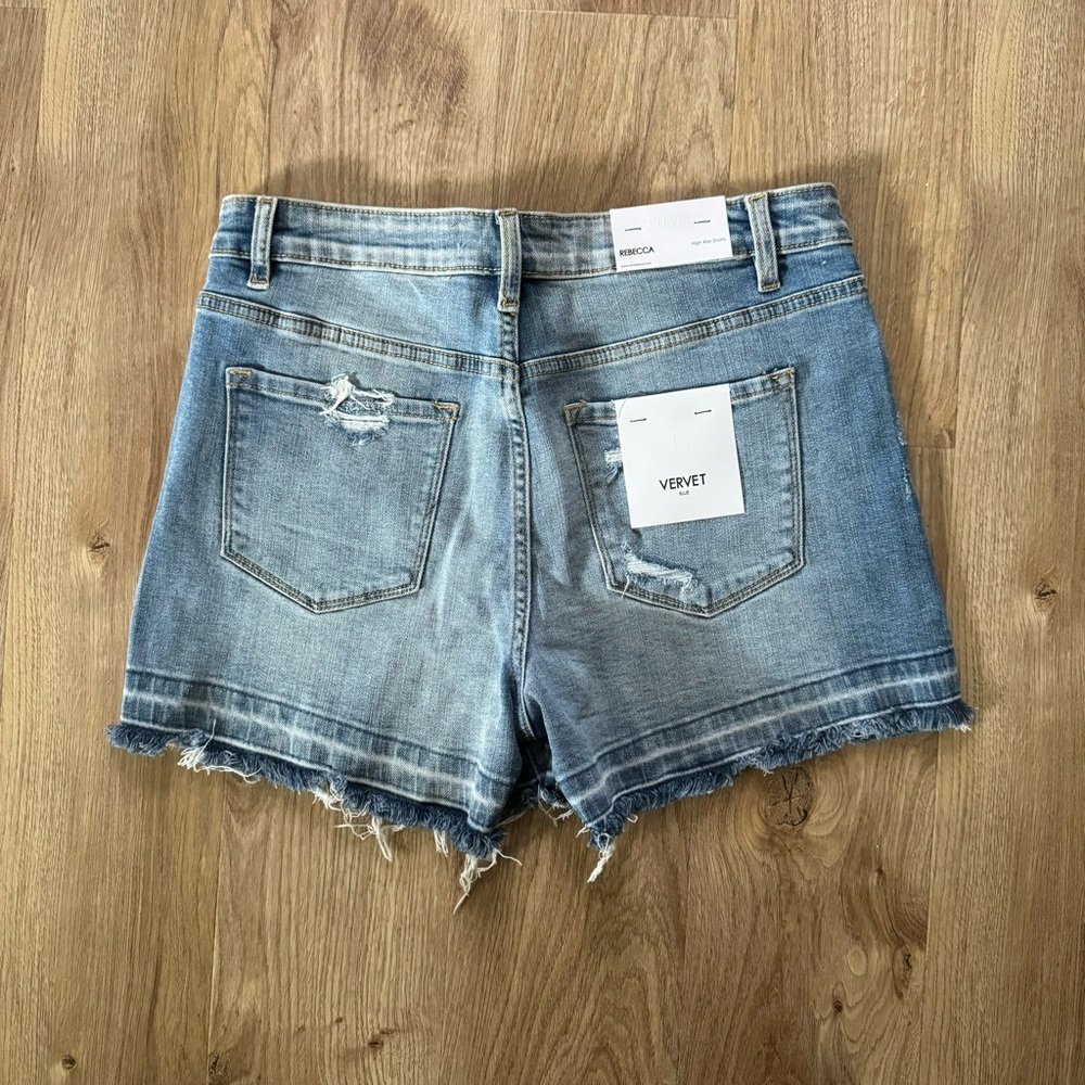VERVET BY FLYING MONKEY Rebecca Blue Jean Shorts Distressed Frayed Hem High Rise - Picture 15 of 16